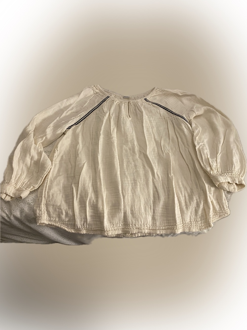 Cream Boho Peasant Blouse with Black Accent Stitching